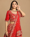 alt message - Mohey Women Red Floral Embroidered Lehenga image number 1